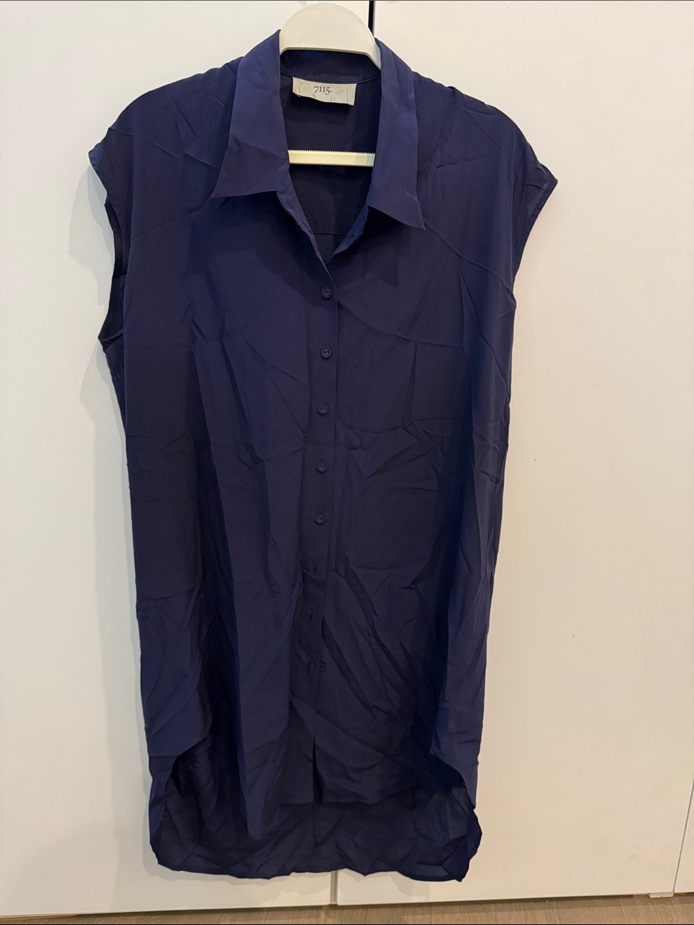 Sleeveless Button-Front Navy Blue Silk Shirt Dress 7115 by SZEKI